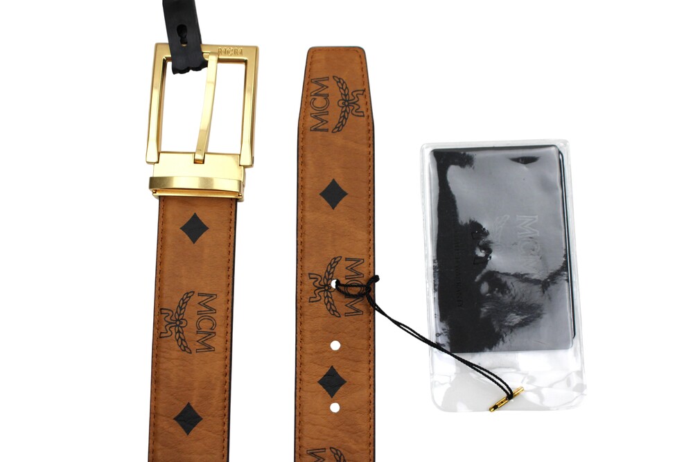 $350 MCM Belt Mens Aren Leather Brown Logo Reversible 24K gold plated buckle